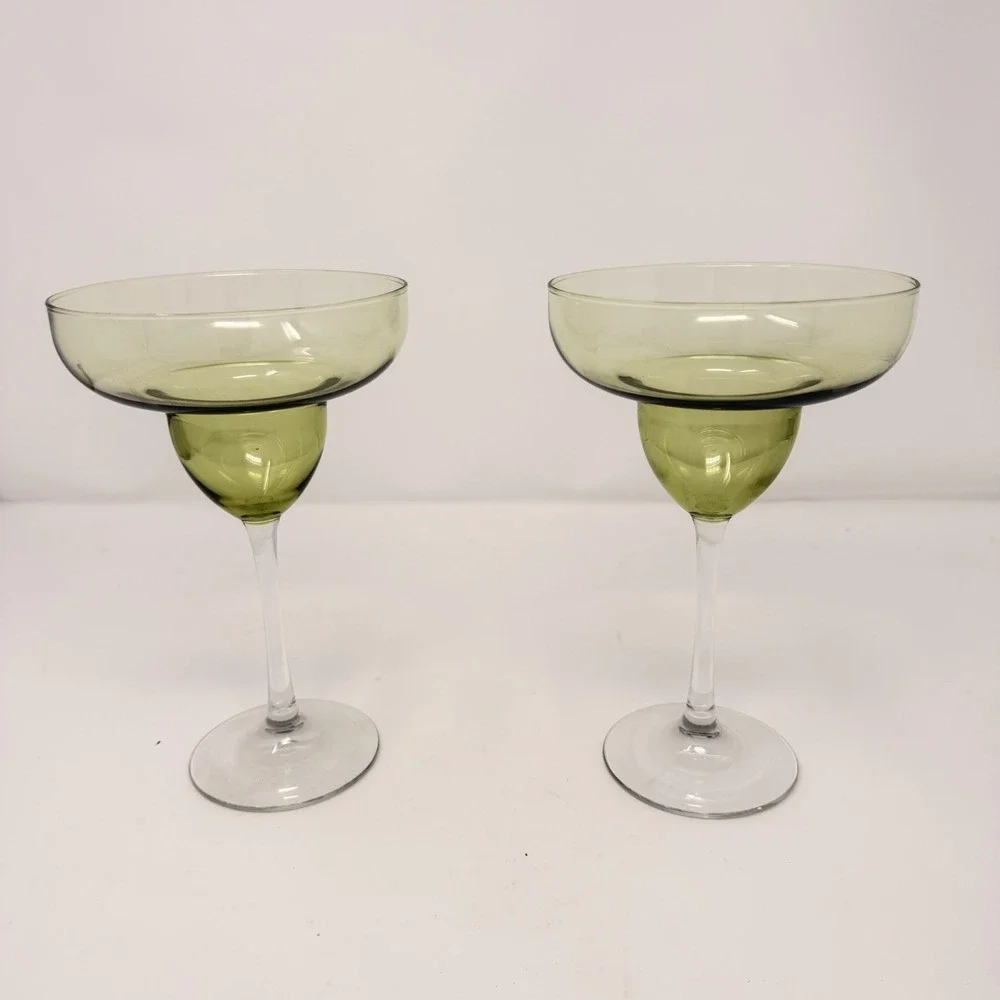 2 Hand-Blown Avocado Green Margarita Glasses with Clear Stems‎ - 7 1/2